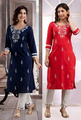 SISTO Women Chikan Embroidery Straight Kurta(Multicolor)