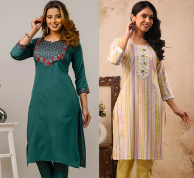 AUZAAI COLLECTION Women Embroidered, Striped Straight Kurta(Yellow)