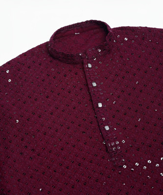 romj Men Chikan Embroidery A-line Kurta(Purple)