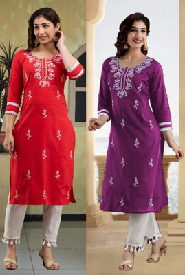 vikshi Women Embroidered Straight Kurta(Multicolor)