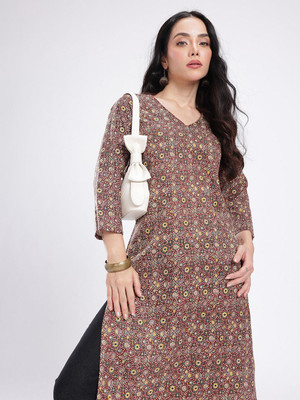 Anouk Rustic Women Printed Straight Kurta(Brown)