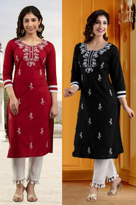SISTO Women Chikan Embroidery Straight Kurta(Multicolor)