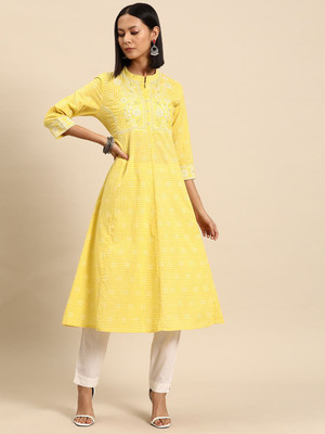all about you Women Checkered Straight Kurta(Yellow)