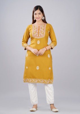 chhaya fashion Women Embroidered Straight Kurta(Yellow)