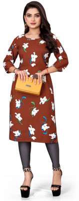 zindora Women Printed Straight Kurta(Brown)
