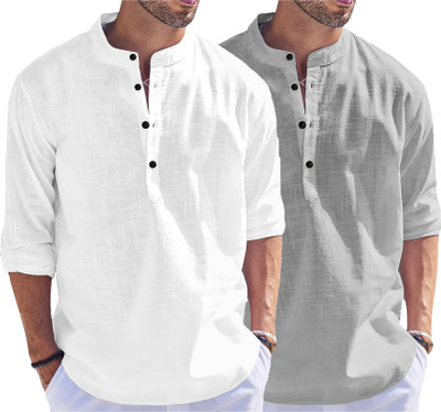 Fashion Marts Men Solid Straight Kurta(White, Grey)