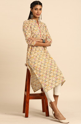 Rajnandini Women Printed Straight Kurta(Beige)