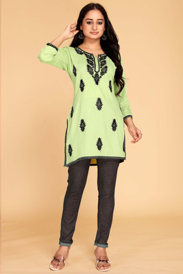 MADHAV WEAVES Women Chikan Embroidery A-line Kurta(Light Green)