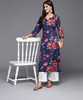 Varanga Women Floral Print Straight Kurta(Blue)