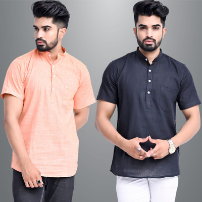 QuaClo Men Solid Straight Kurta(Orange, Black)