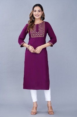 Viscironi Women Embroidered A-line Kurta(Purple)