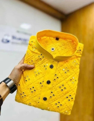 Simran Creation Men Embroidered Straight Kurta(Yellow)