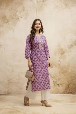 AURIPRX FASHION Women Embroidered, Printed Straight Kurta(Purple)