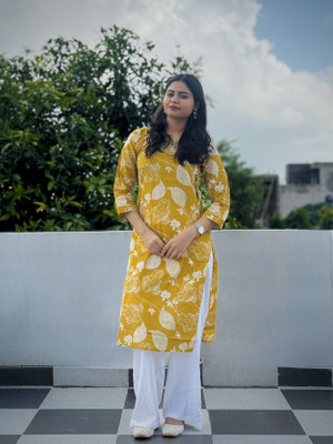Kurtiking Women Printed Straight Kurta(Yellow)