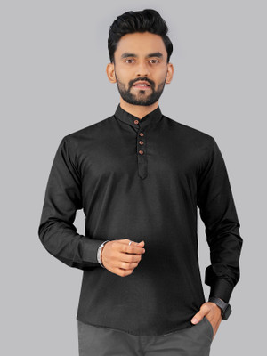 StoneHeart Men Solid Straight Kurta(Black)