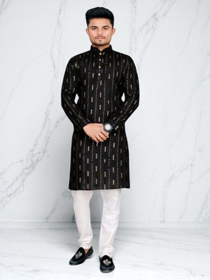 Biswas Trends Men Printed Straight Kurta(Black)