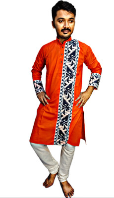 Sumit online Men Self Design Straight Kurta(Orange)