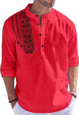 hfm Men Printed Straight Kurta(Red)