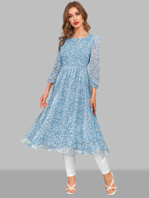 METRONAUT Women Fit and Flare Light Blue Midi/Calf Length Dress