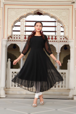 VIDYA MART Women Solid Anarkali Kurta(Black)