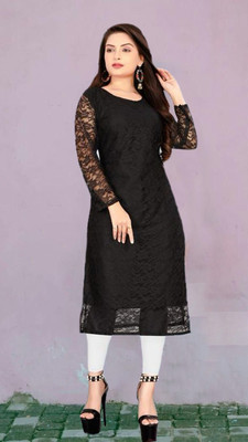 DHARAFASHION Women Self Design A-line Kurta(Black)