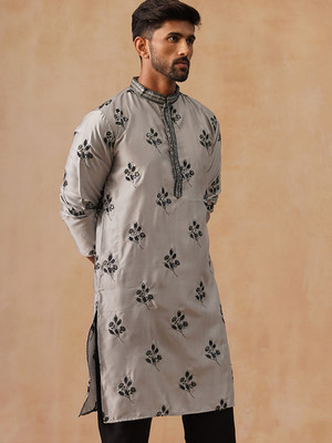 Jompers Men Printed Straight Kurta(Grey)