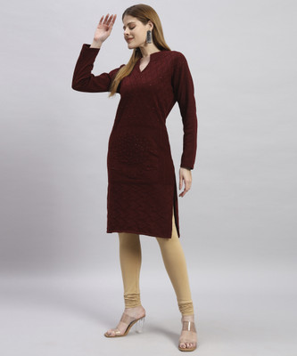 MORKEL Women Self Design Straight Kurta(Maroon)