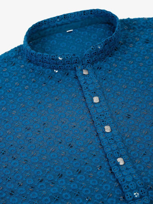 romj Men Chikan Embroidery A-line Kurta(Light Blue)