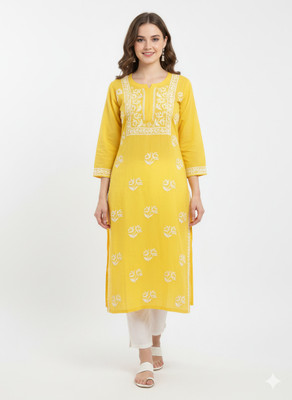 nafacreation Women Chikan Embroidery Ethnic Dress Kurta(Yellow)
