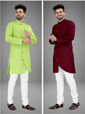CRYSTALREVENUE Men Solid Trail Cut Kurta(Multicolor)