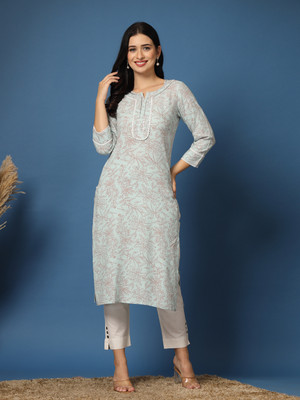 Daevish Women Floral Print Straight Kurta(Light Blue)