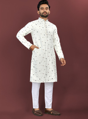 MOXTE Men Embroidered Straight Kurta(White)
