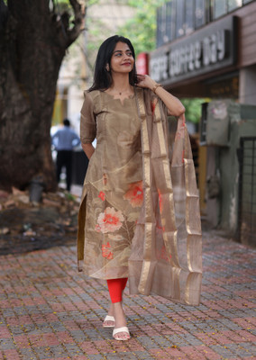 bosaru Women Floral Print A-line Kurta(Brown)