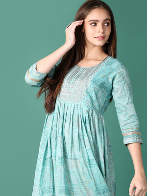 V-MART Women Printed A-line Kurta(Blue)