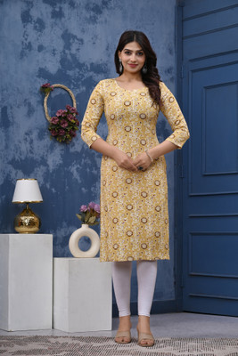 Sawara fashion Women Floral Print Straight Kurta(Yellow)