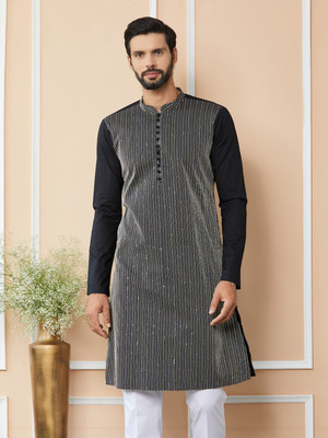 See Designs Men Striped Straight Kurta(Black)