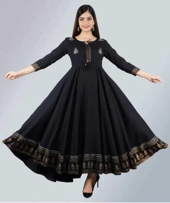 AMAN Women Embroidered, Printed Anarkali Kurta(Black)