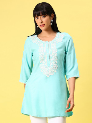 V-MART Women Embroidered A-line Kurta(Blue)