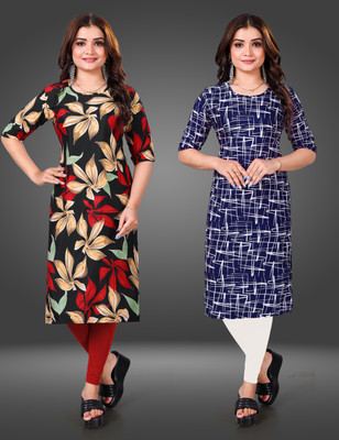 MOBHISA Women Printed Straight Kurta(Blue)