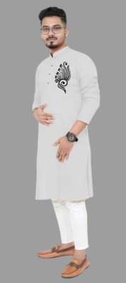 Mamata biswas Men Printed Straight Kurta(White)