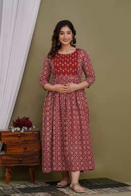 Fashion Rush Women Printed A-line Kurta(Maroon)