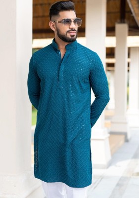 FOXDX Men Chikan Embroidery Straight Kurta(Light Blue)