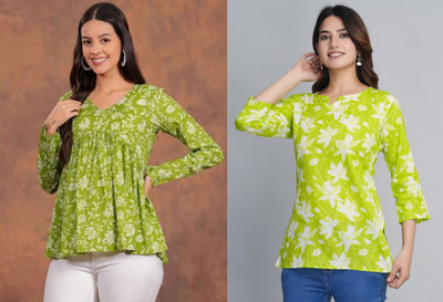 ARZOO Women Floral Print Flared Kurta(Green)