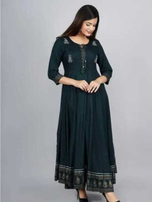 AMAN Women Embroidered, Printed Anarkali Kurta(Green)
