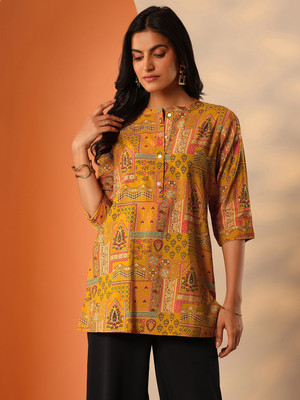 LIBAS Women Printed Straight Kurta(Yellow)