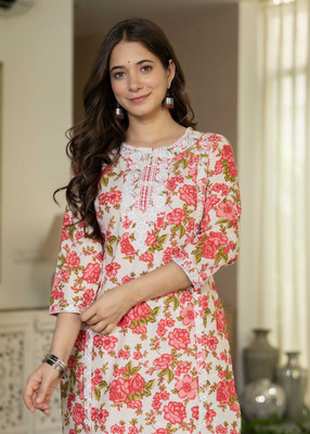 KJFAB Women Printed Straight Kurta(White)