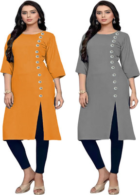 TL Creation Women Solid Straight Kurta(Yellow, Grey)