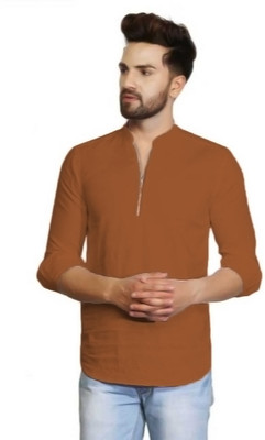 HouseOfCommon Men Solid Pathani Kurta(Brown)
