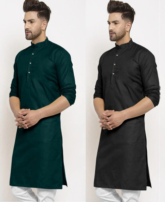 JENJEE FASHION Men Solid Straight Kurta(Black, Dark Green)