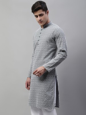 Jompers Men Chikan Embroidery Straight Kurta(Grey, White)